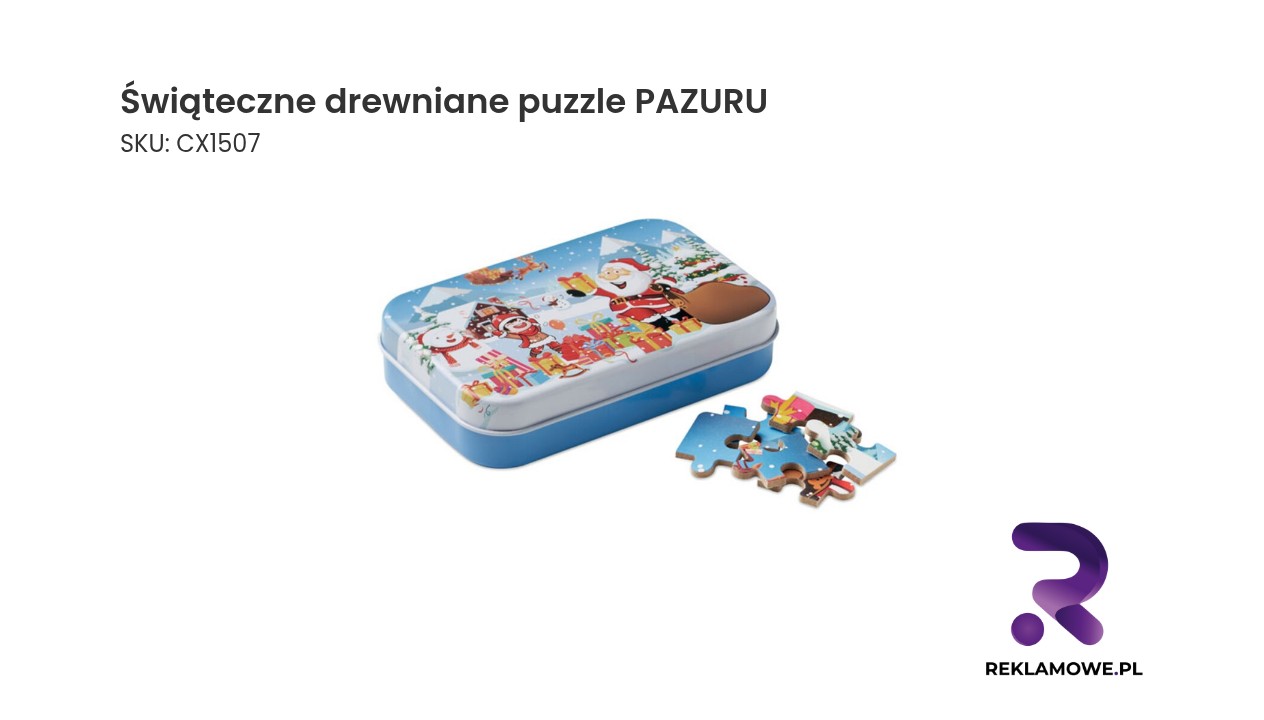 Świąteczne, drewniane puzzle PAZURU Świąteczne drewniane puzzle PAZURU na tle zimowego pejzażu